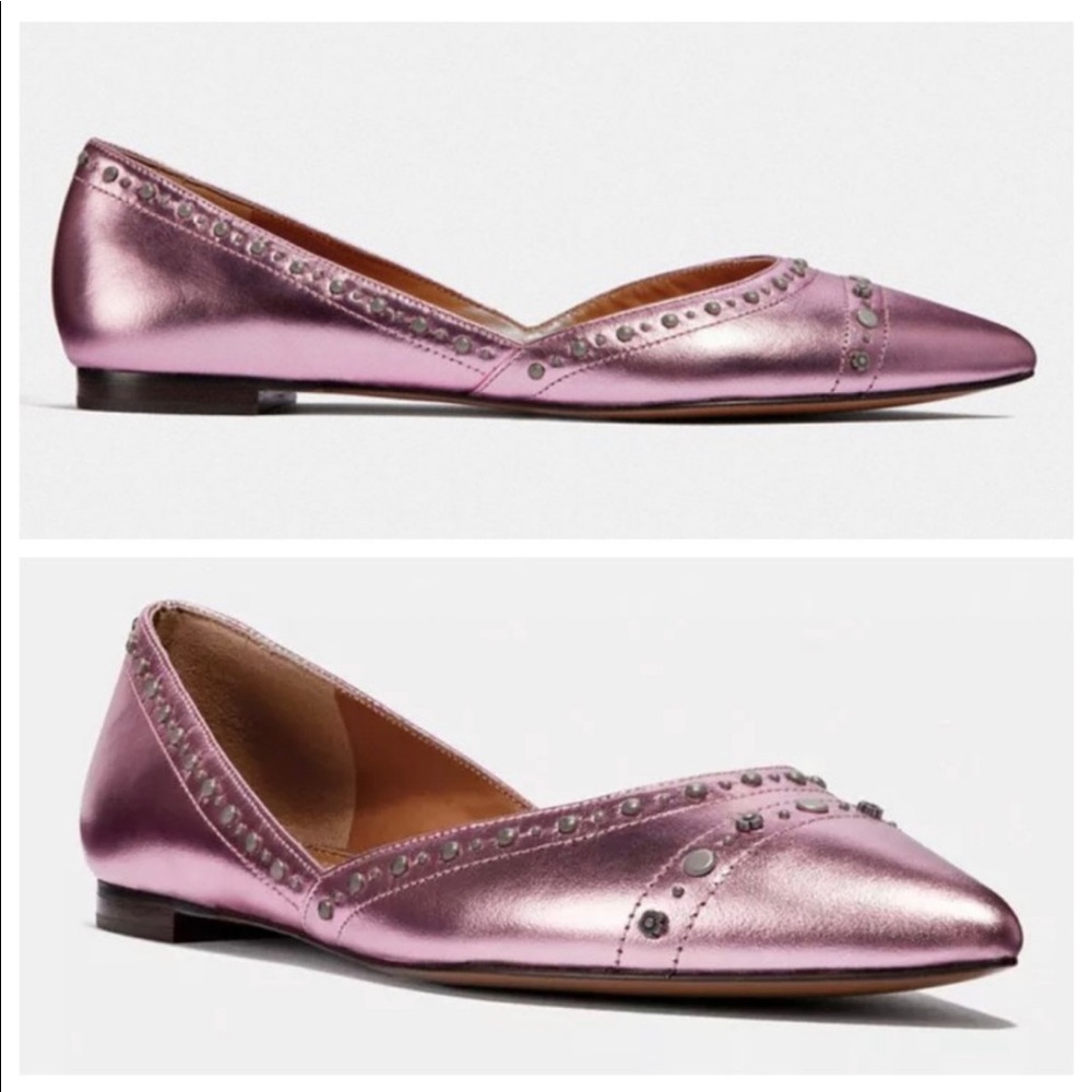 New Coach Valentina Pink Metallic Studded Leather Pointy Flats 5.5